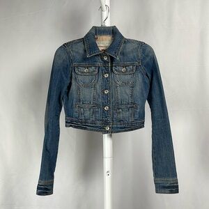 Distressed Denim Cropped Jean Jacket Y2K Vintage Fitted Moto Light Wash Junior S